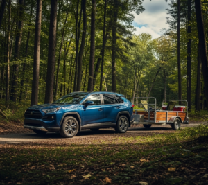 A dark blue 2024 Toyota RAV4 towing a small utility trailer on a dirt road in a forest.
