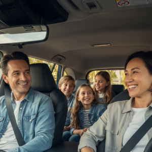 A happy family of four (two adults in the front, two children in the back) sitting comfortably inside a Toyota RAV4 Hybrid.