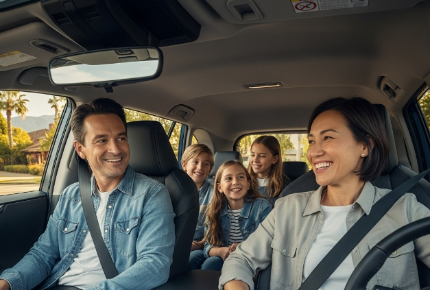 A happy family of four (two adults in the front, two children in the back) sitting comfortably inside a Toyota RAV4 Hybrid.