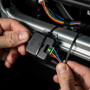 A person securing a new remote start module to a support beam under the dashboard with a zip tie.
