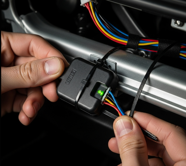 A person securing a new remote start module to a support beam under the dashboard with a zip tie.
