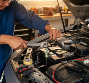  A person securing a new remote start module to a support beam under the dashboard with a zip tie.