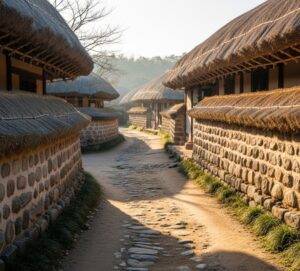 A tranquil, winding dirt path in Hahoe Folk Village, lined with traditional Korean houses featuring stone walls and thatched roofs, bathed in soft morning light.
