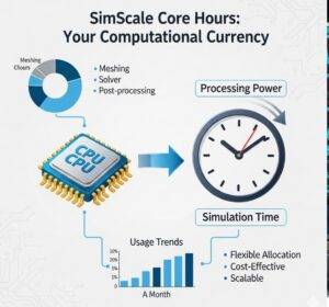 SimScale Pricing: An infographic explaining the concept of SimScale core hours, showing a CPU icon linked to a clock icon to represent computational currency.