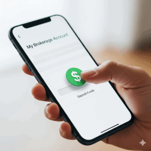  A close-up of a hand holding a smartphone and dragging a dollar sign icon to fund a new online brokerage account, symbolizing how easy it is to get started.