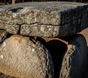 A detailed, close-up photograph of a classic table-style dolmen at the Gochang historical site, focusing on the texture of the massive, weathered capstone.