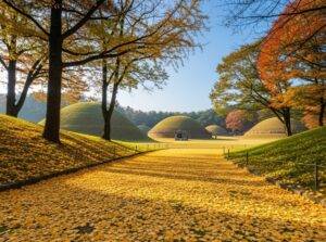 The rolling ancient burial mounds of Daereungwon Tomb Complex in Gyeongju, framed by brilliant yellow ginkgo trees during autumn.