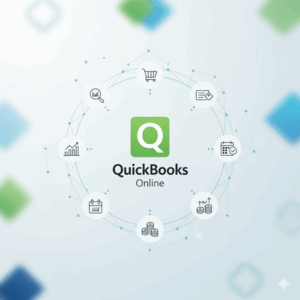 An illustration showing a clock with a dollar sign, an invoice document, and payment icons, representing features of accounting software for freelancers.