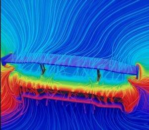 A colorful CFD simulation result showing the aerodynamic airflow and pressure heatmap around a vehicle spoiler, displayed on a monitor. 
