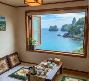 Panoramic view of Ulleungdo's volcanic landscape and the surrounding East Sea from Seonginbong Peak.