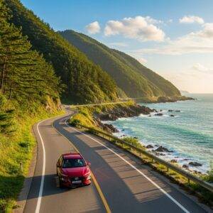 A scenic, winding coastal road on Namhae Island, South Korea, with a car driving alongside a dramatic ocean view and green hills.