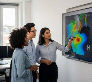  A diverse team of engineers collaborating in a modern office, looking at a large screen displaying a complex engineering simulation.
