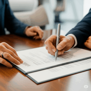 A person with a confident expression is signing a car lease document on a dealership desk, with a smiling salesperson in the background.