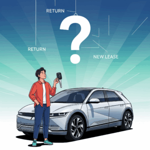  A stylized illustration of a person standing next to a Hyundai Ioniq 5 with a key and a large question mark, representing the decision-making process at the end of a lease term.