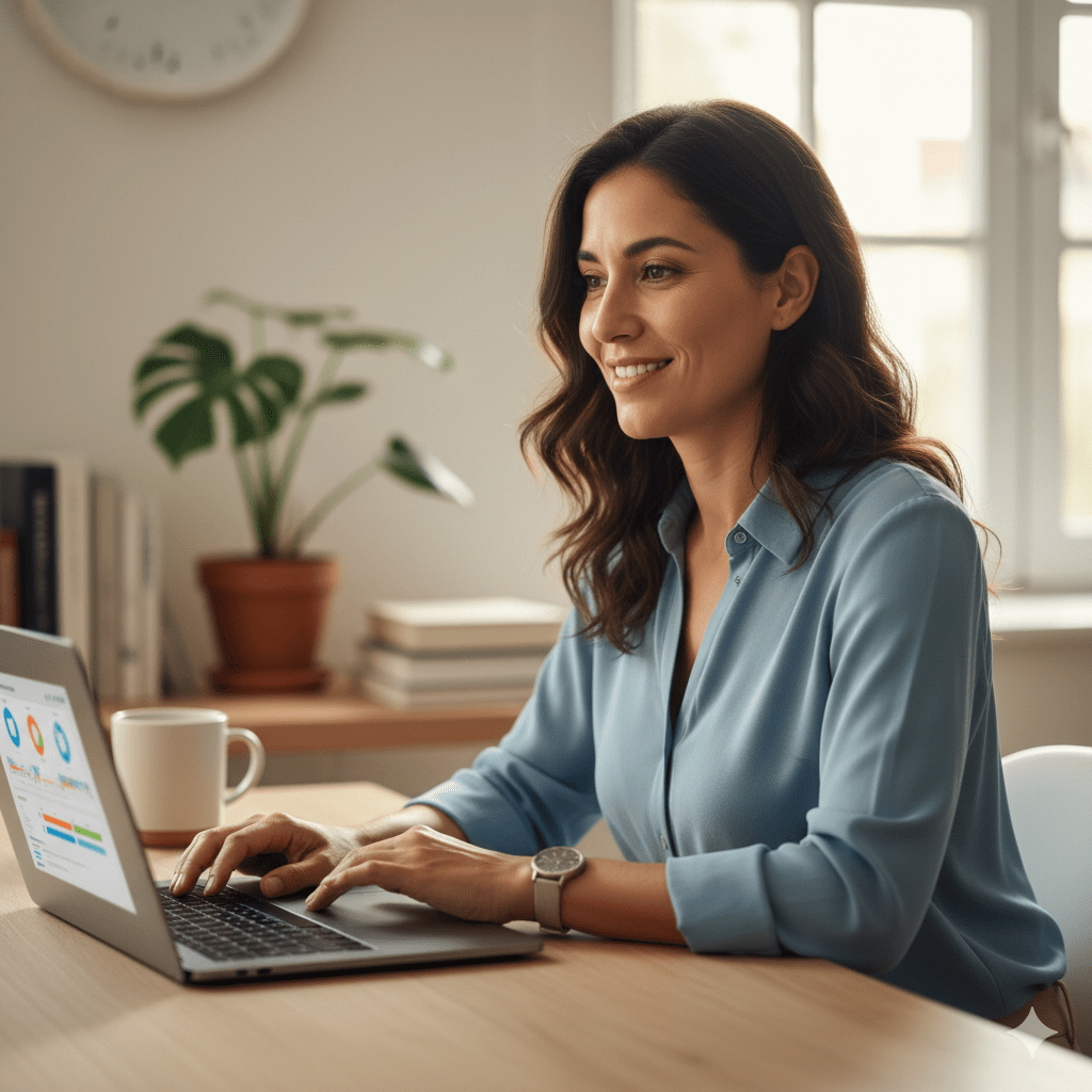A warm, professional photograph of a person who represents the target persona (e.g., "Maria"). They are in a comfortable and bright home office setting, looking at their laptop not with stress, but with a sense of satisfaction and calm control. The focus is on their positive expression, which conveys the feeling of relief and success that comes from having an efficient remote work system. This reinforces the ultimate benefit of reading the article and choosing the right tool.
