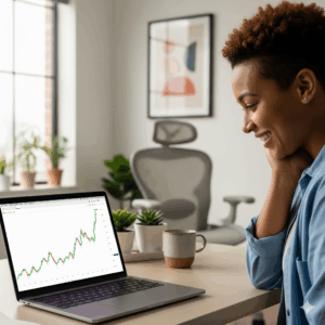 young person smiles in relief while looking at a simple, upward-trending chart on their laptop, feeling encouraged about their decision to start investing.