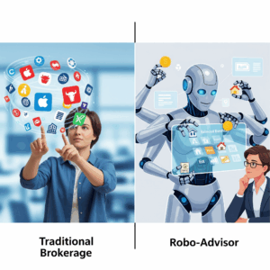  A split-screen illustration comparing a 'Traditional Brokerage' where a person actively picks investments, versus a 'Robo-Advisor' where a robot automatically manages a portfolio.