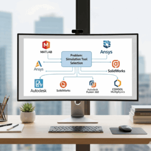An engineer at a desk with a flowchart on a screen, comparing icons of different software to find the best SimScale alternative.