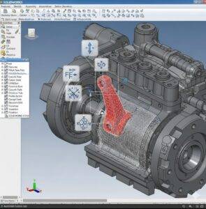 A close-up of a complex mechanical assembly within the SOLIDWORKS interface, with a finite element analysis mesh overlaid on a specific part.