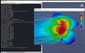 A computer screen showing the command-line interface of OpenFOAM running a complex CFD calculation, with the simulation results visualized in another window.