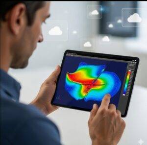 An engineer using a tablet to review a colorful CFD (Computational Fluid Dynamics) simulation of airflow over an object, with cloud icons in the background.