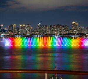 A stunning, long-exposure shot of the Banpo Bridge Rainbow Fountain show in Seoul, as seen from a Han River night cruise. A must-see spectacle of light and water.