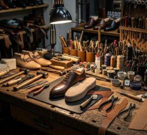 An artisan's workbench in a Seongsu-dong bespoke shoe workshop, filled with traditional tools, leather, and a shoe in mid-construction.