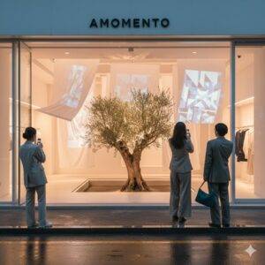 People taking photos of the minimalist AMOMENTO pop-up store in Seongsu, featuring an olive tree and flowing fabrics with projected patterns in a serene, brightly lit interior.