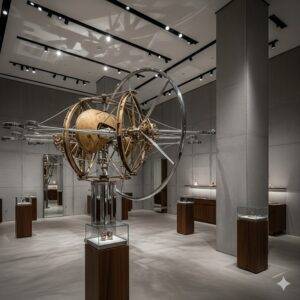 Interior of the Gentle Monster Seongsu flagship store, featuring a massive kinetic art sculpture in a concrete, gallery-like space.