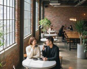 Stylish patrons enjoying coffee in a spacious, sunlit industrial-chic cafe with exposed brick walls in Seongsu-dong, Seoul.
