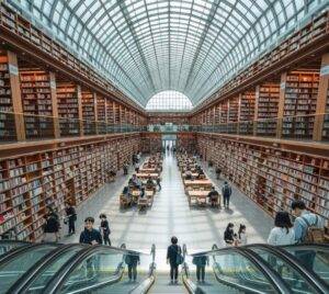 The iconic Starfield Library in COEX Mall, Seoul, with its grand, towering bookshelves reaching towards a sunlit glass ceiling.