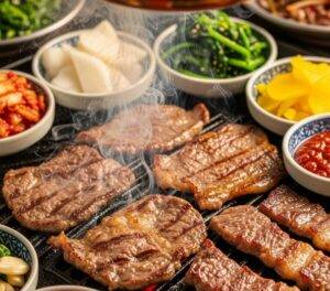 15 Best Restaurants in COEX & Samseong: A close-up of sizzling Korean BBQ beef on a hot grill, surrounded by colorful Korean side dishes (banchan).