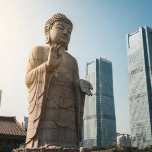 The Great Maitreya Buddha statue at Bongeunsa Temple, towering serenely over the temple grounds with Gangnam skyscrapers in the background.