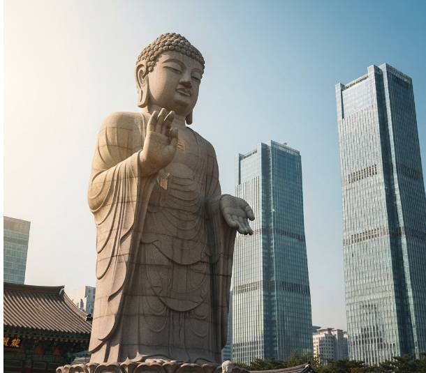 The Great Maitreya Buddha statue at Bongeunsa Temple, towering serenely over the temple grounds with Gangnam skyscrapers in the background.