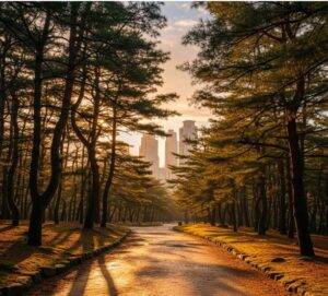 A serene, forested path at Seonjeongneung Royal Tombs in Seoul, with the modern skyscrapers of the Gangnam district visible in the background through the trees during a golden sunset.