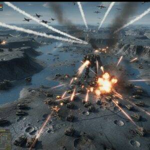 A large-scale battle in Total Annihilation with tanks, aircraft, and explosions.