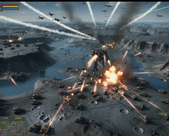 A large-scale battle in Total Annihilation with tanks, aircraft, and explosions.