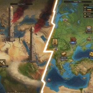 Side-by-side comparison of Total War: Pharaoh's Pillars of Civilization campaign map and Troy's multi-resource Divine Will map.