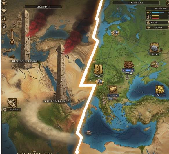 Side-by-side comparison of Total War: Pharaoh's Pillars of Civilization campaign map and Troy's multi-resource Divine Will map.