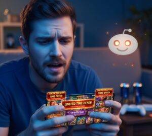 A man looking frustrated while holding a smartphone displaying multiple "limited time offer" and "VIP battle pass" pop-ups in a mobile idle RPG.