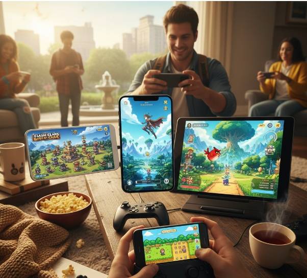 The Best Mobile Games of All Time: A group of diverse people enjoying various mobile games on smartphones and tablets, with multiple game interfaces floating above a coffee table.