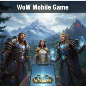 The WoW Mobile Game: A close-up of a smartphone screen showing a fantasy MMORPG battle with distinct tank, healer, and DPS characters, illustrating the trinity system on mobile.