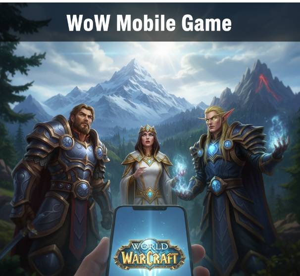 The WoW Mobile Game: A close-up of a smartphone screen showing a fantasy MMORPG battle with distinct tank, healer, and DPS characters, illustrating the trinity system on mobile.