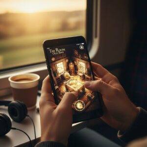 Best Puzzle Games for Android: A person's hands holding an Android smartphone, playing "The Room: Old Sins" on a train with a coffee cup and headphones beside them.