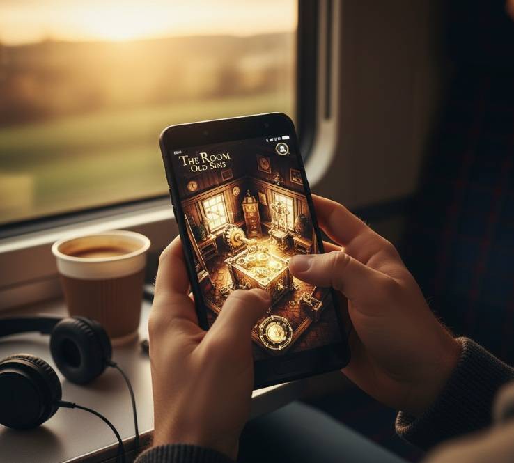 Best Puzzle Games for Android: A person's hands holding an Android smartphone, playing "The Room: Old Sins" on a train with a coffee cup and headphones beside them.
