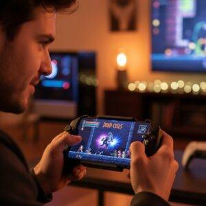 Best Android Games with Controller Support: A man playing Dead Cells on an Android phone attached to a Razer Kishi-style controller, in a dimly lit living room.