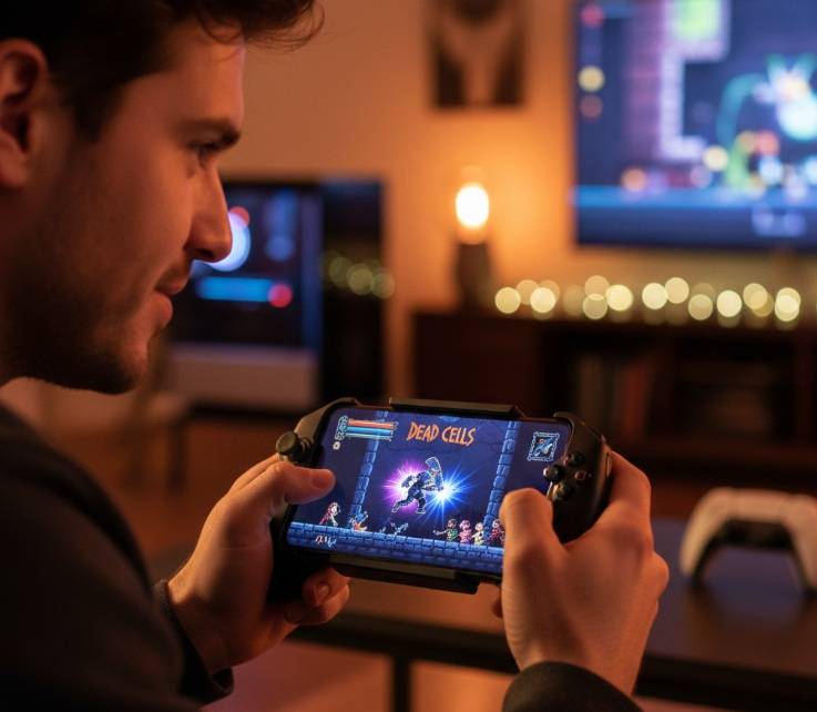 Best Android Games with Controller Support: A man playing Dead Cells on an Android phone attached to a Razer Kishi-style controller, in a dimly lit living room.