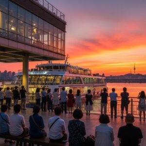 Tourists gather at the Yeouido E-land cruise terminal at sunset, ready to board a Han River night cruise in Seoul for a memorable evening.