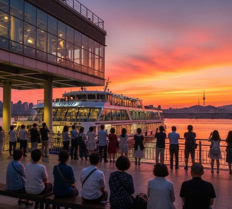 Tourists gather at the Yeouido E-land cruise terminal at sunset, ready to board a Han River night cruise in Seoul for a memorable evening.