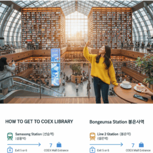Starfield Library Seoul A young woman in a yellow sweater takes a selfie on the second floor of Starfield Library Seoul, with towering bookshelves and sunlight streaming in. Below, a graphic shows directions to the library from Samseong Station and Bongeunsa Station.